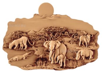 stl модель-Панно Природа и жители Африки(Слон и слоненок, львица и львенок, крокодил,буйвол)