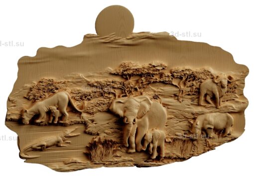 stl модель-Панно Природа и жители Африки(Слон и слоненок, львица и львенок, крокодил,буйвол)